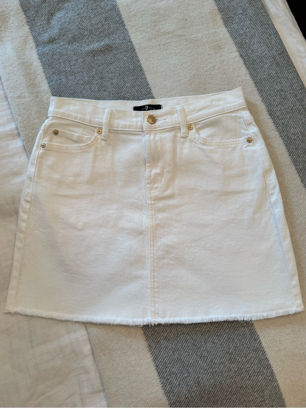7 For All Mankind White Denim Mini Skirt with Frayed Hem